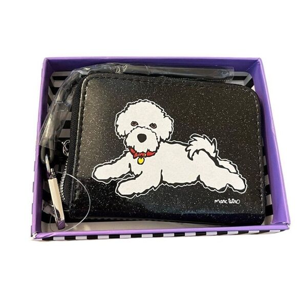 White Bichon Frise Poodle Black Zip Wallet Wristlet New Gift Boxed Marc Tetro - Picture 1 of 5